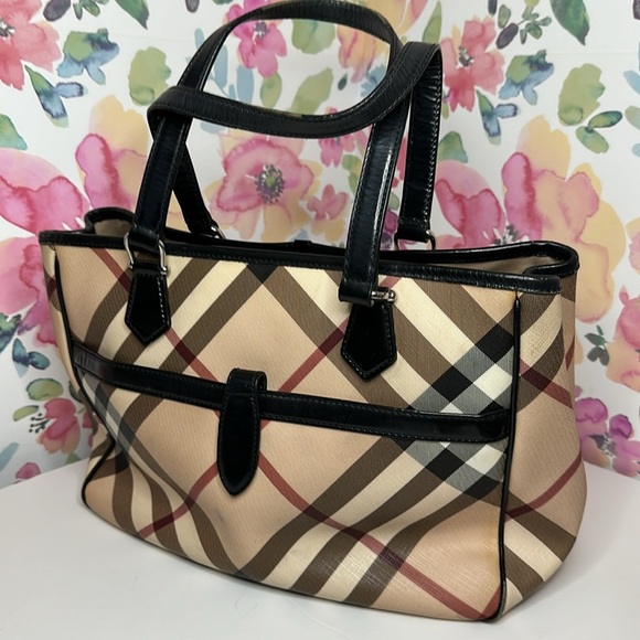 💯Authentic  BURBERRY HAYMARKET CHECK TOTE BAG LEATHER  HANDBAGS WOMEN🍀 - Picture 7 of 17